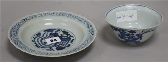 A late Ming Chinese blue and white hard paste porcelain footed bowl, together with dish